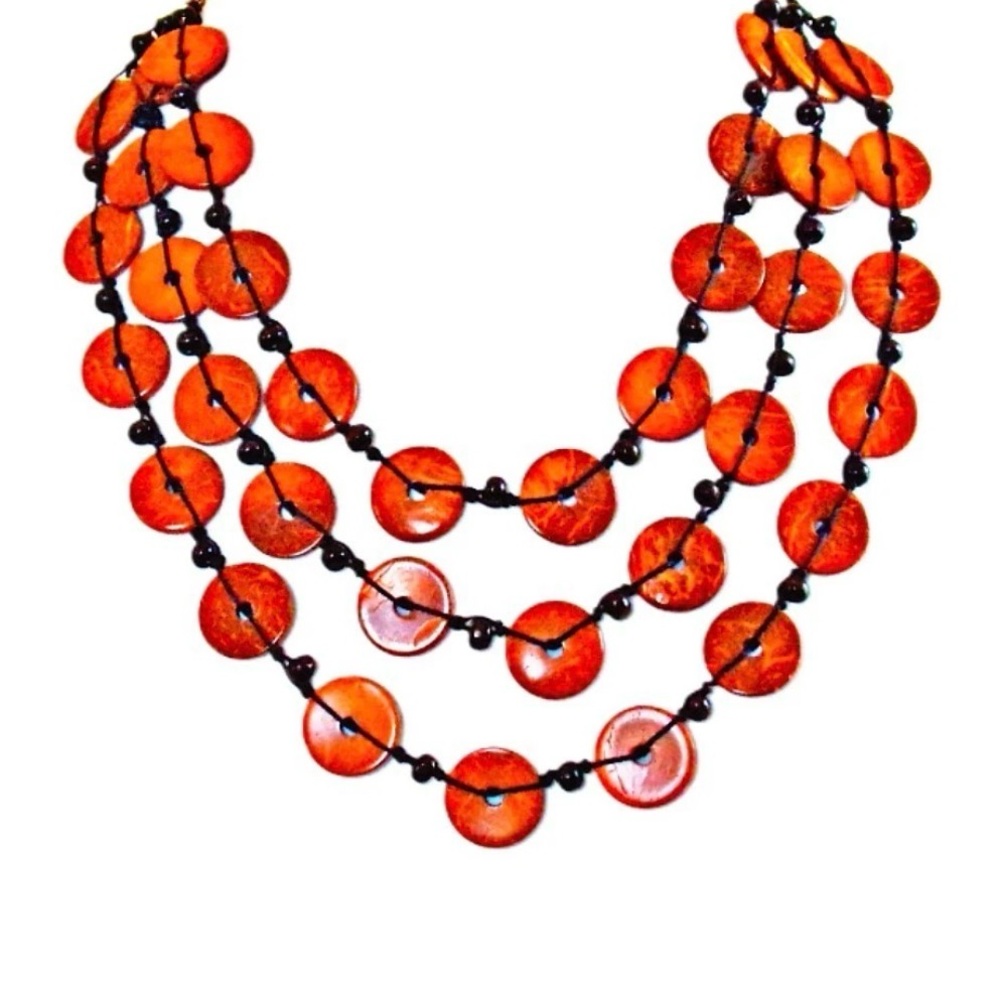 Brown wood multi row necklace with hand knotted wood disk beads, three rows NEW